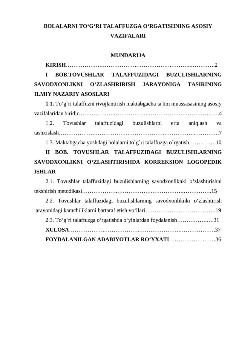 BOLALARNI TO‘G‘RI TALAFFUZGA O‘RGATISHNING ASOSIY VAZIFALARI