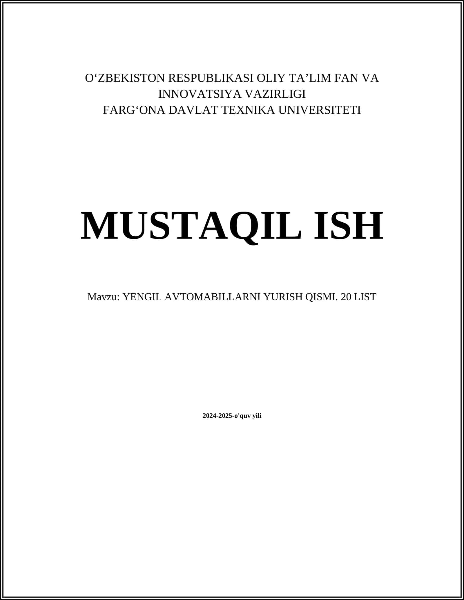 YENGIL AVTOMABILLARNI YURISH QISMI