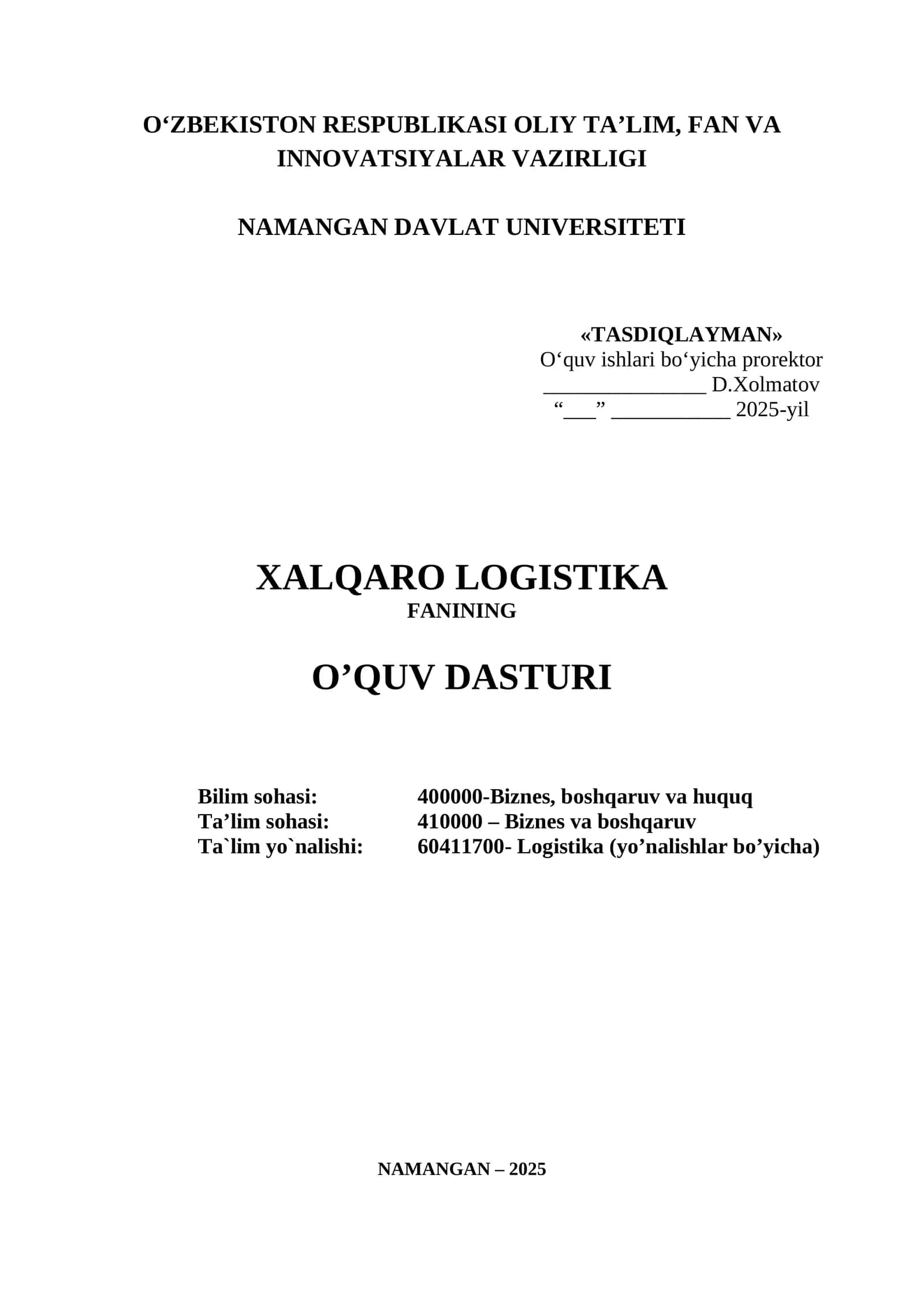 Xalqaro Logistika Fanining O'quv Dasturi