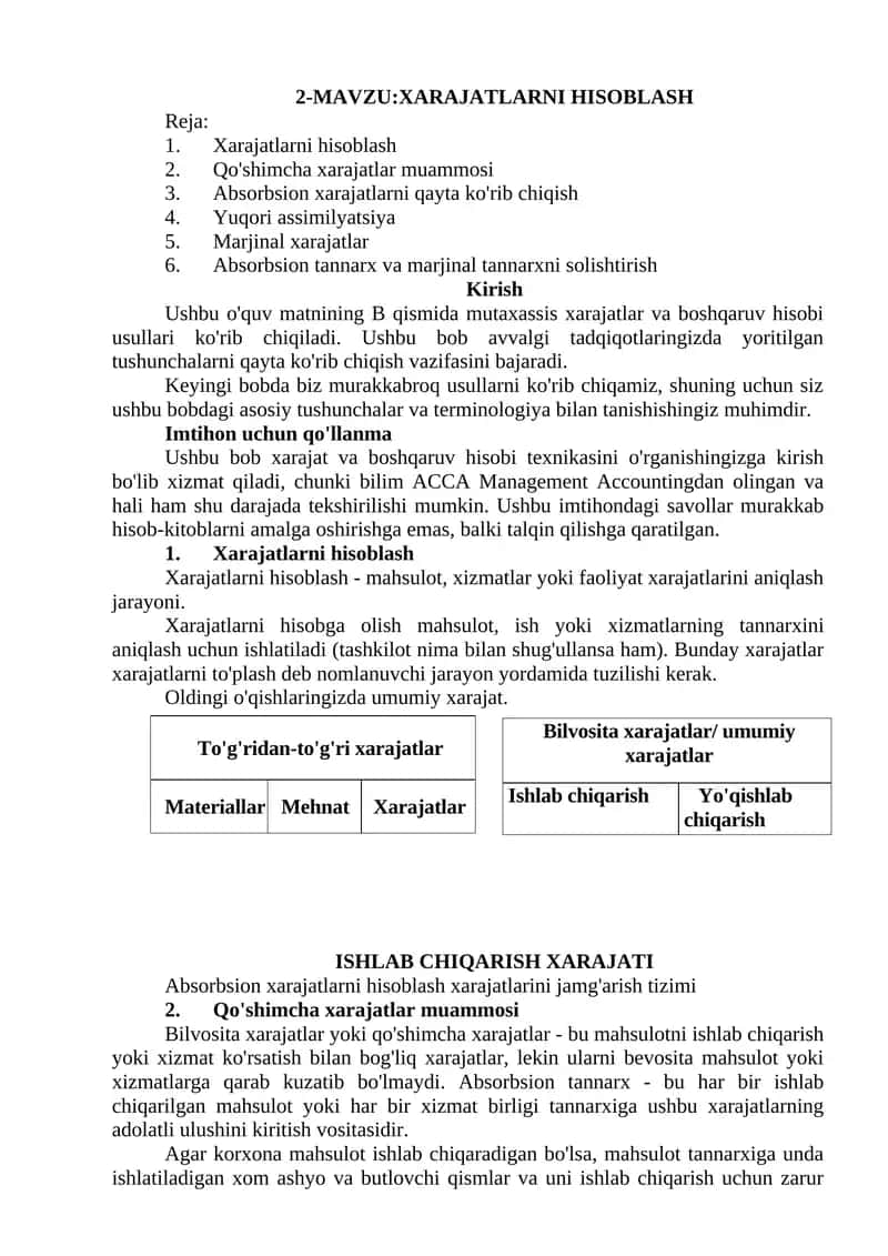 XARAJATLARNI HISOBLASH