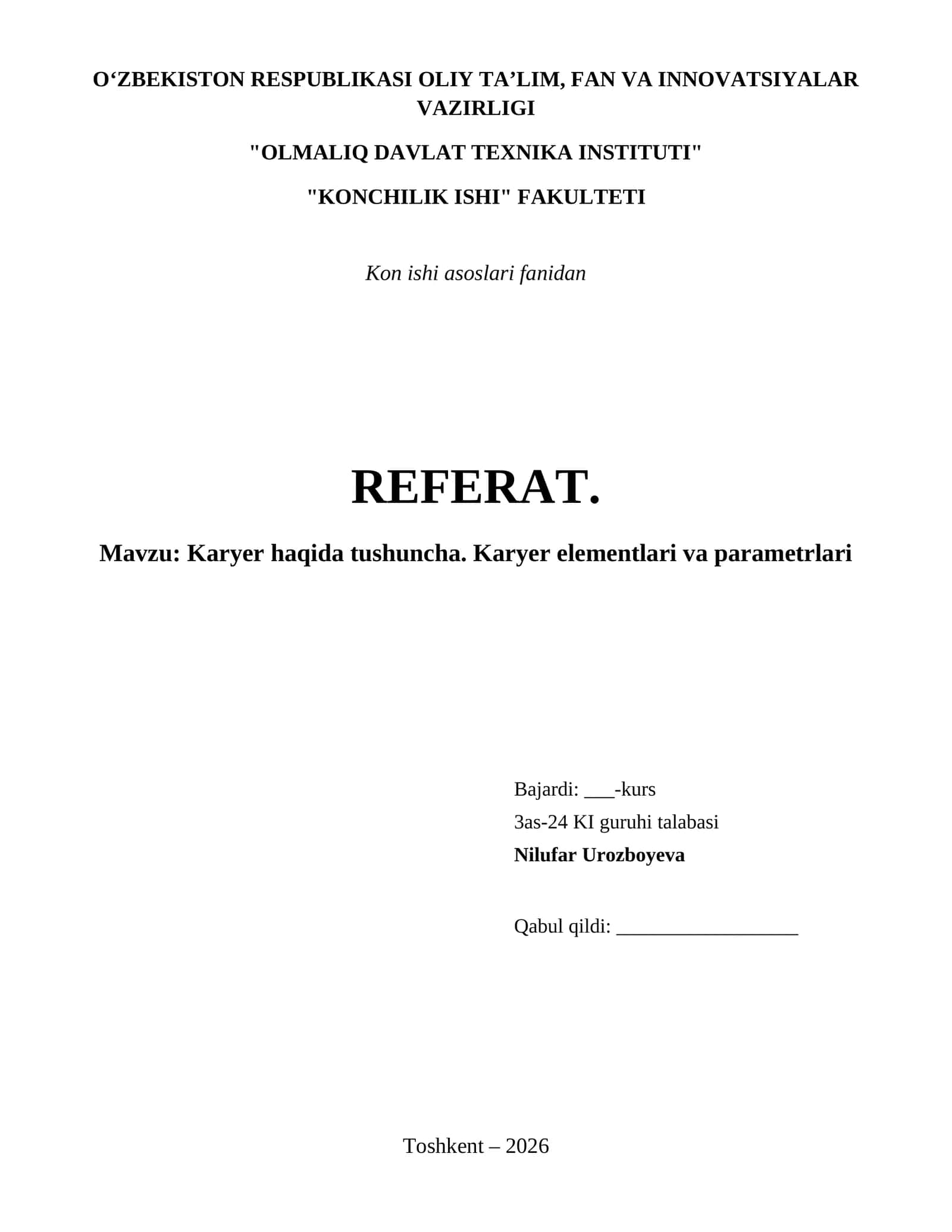 Karyer haqida tushuncha. Karyer elementlari va parametrlari