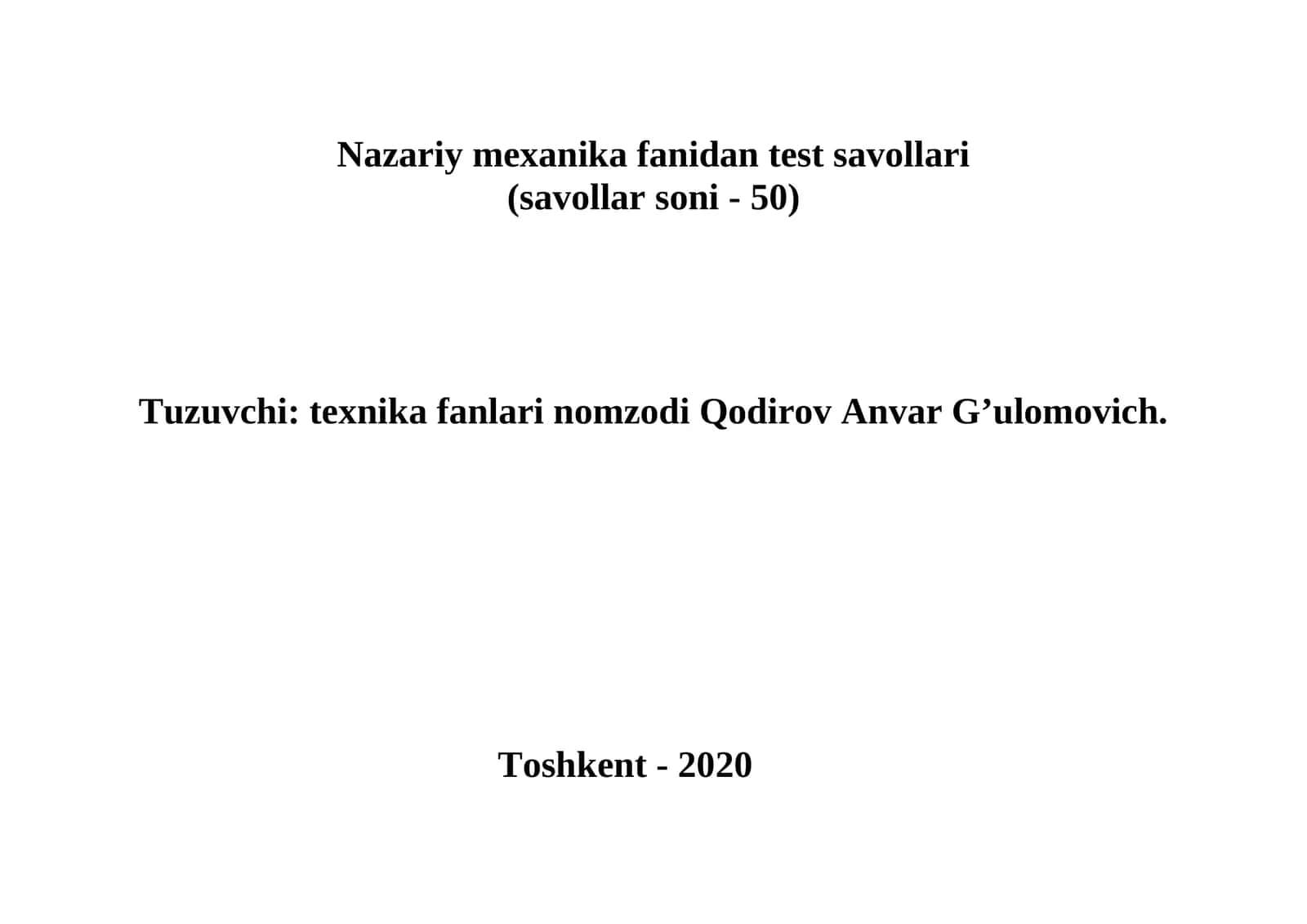Nazariy mexanika fanidan test savollari