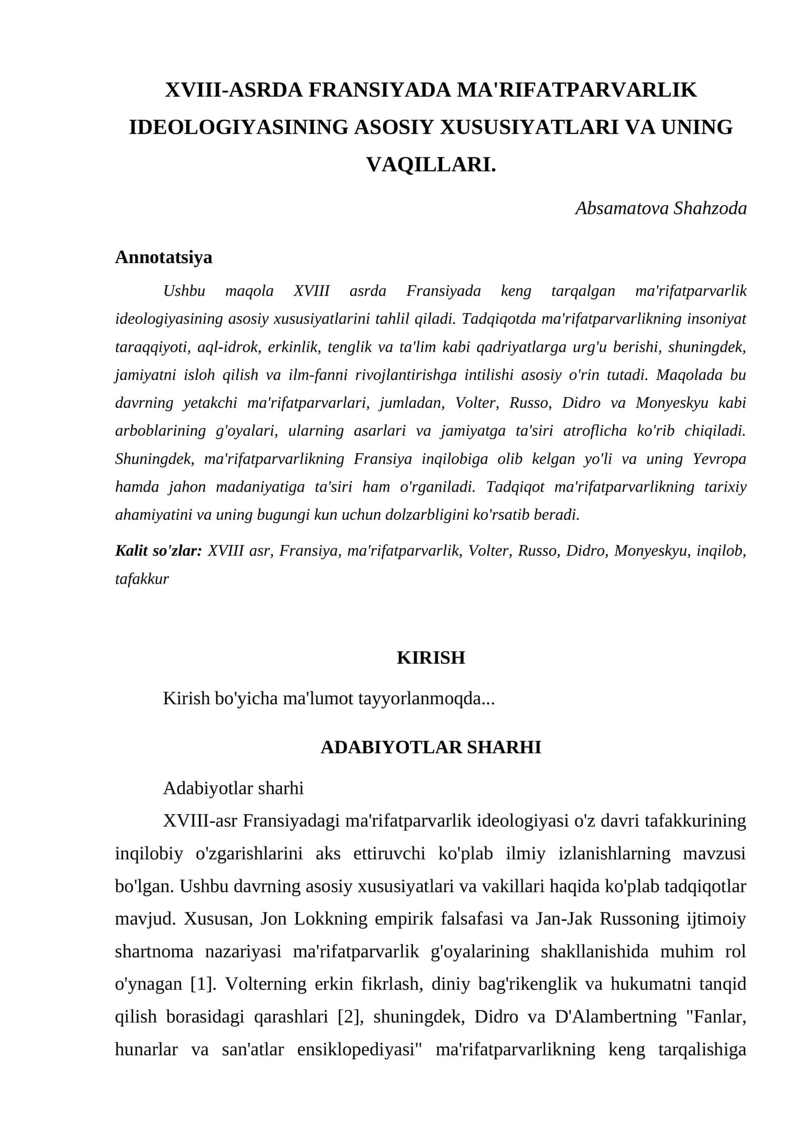 XVIII-ASRDA FRANSIYADA MA'RIFATPARVARLIK IDEOLOGIYASINING ASOSIY XUSUSIYATLARI VA UNING VAQILLARI