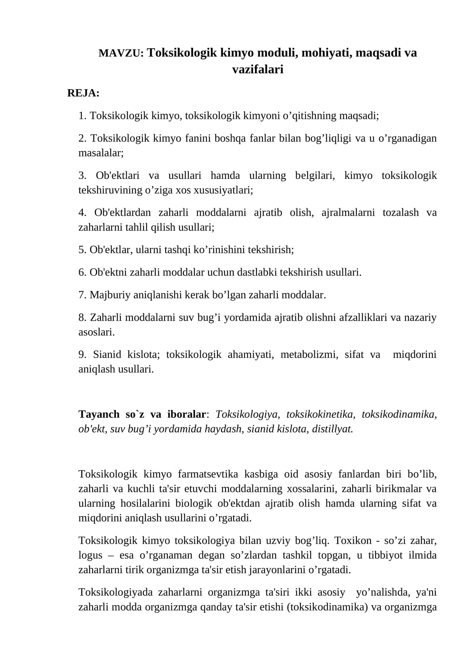 Toksikologik kimyo moduli, mohiyati, maqsadi va vazifalari