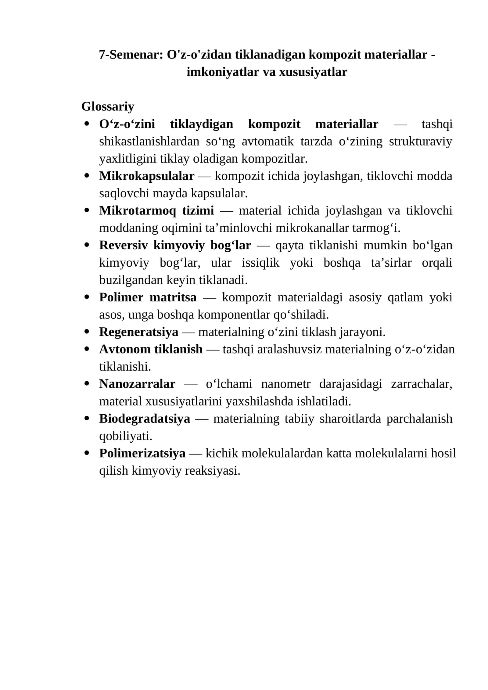 O'z-o'zidan tiklanadigan kompozit materiallar - imkoniyatlar va xususiyatlar