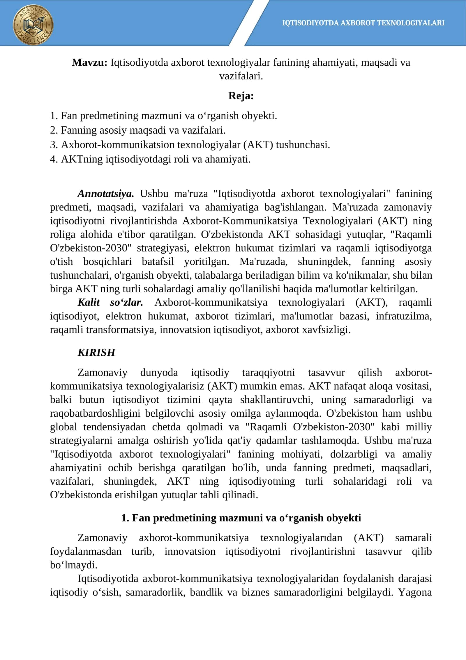 Iqtisodiyotda axborot texnologiyalari
