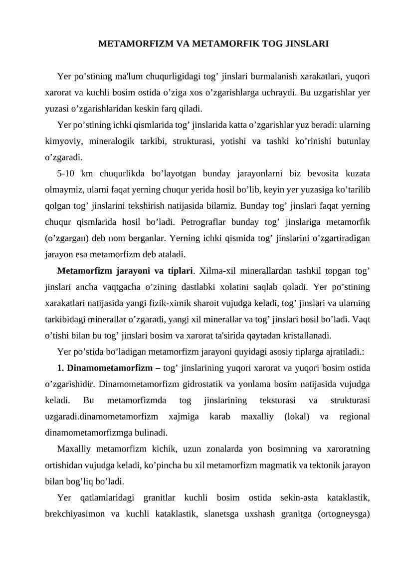 Metamorfizm va Metamorfik Tog Jinslari
