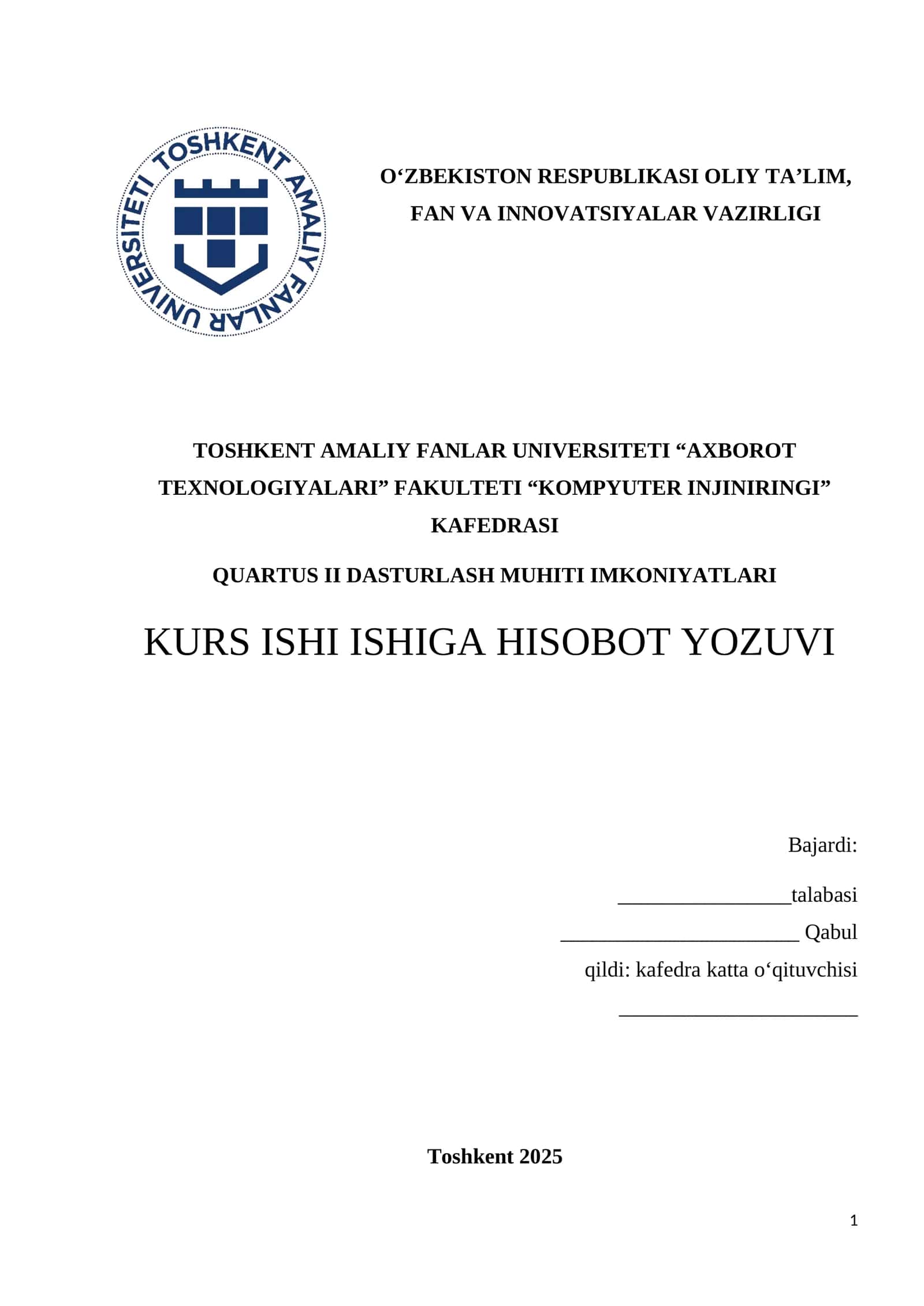 QUARTUS II DASTURLASH MUHITI IMKONIYATLARI