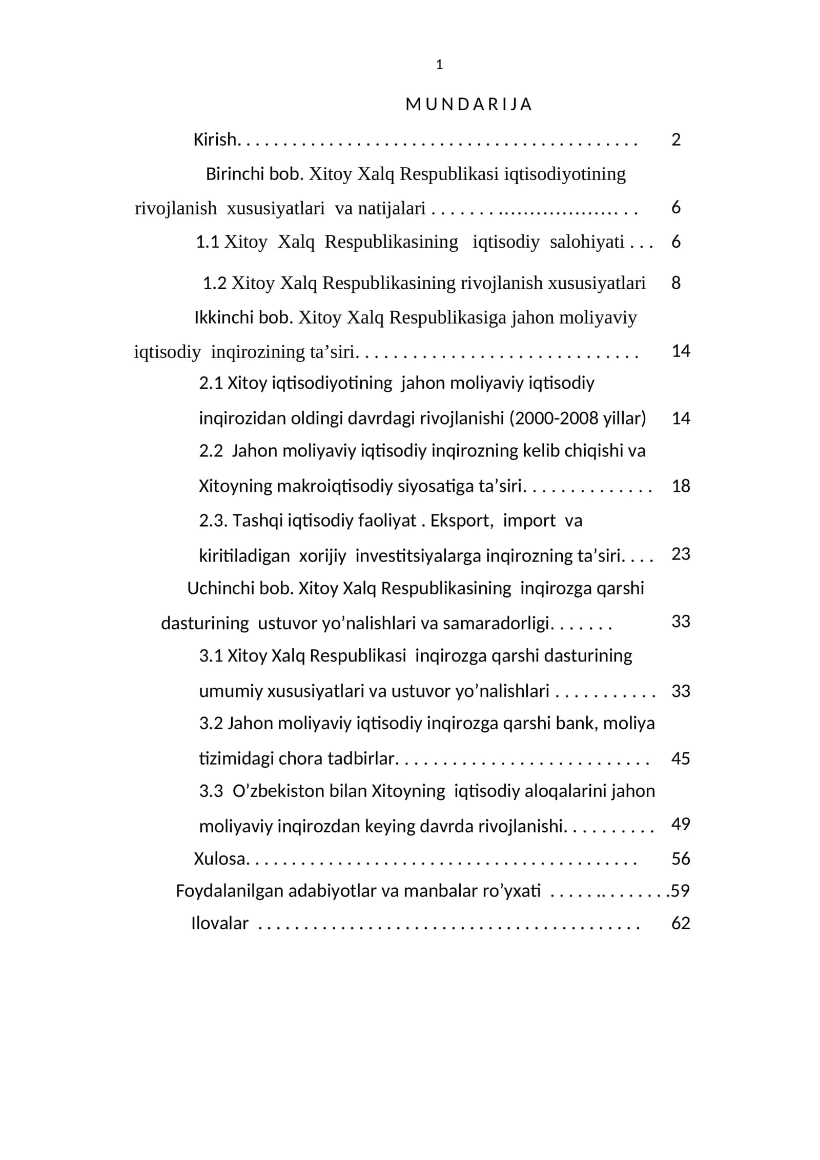 Xitoy Xalq Respublikasi iqtisodiyotining rivojlanish xususiyatlari va natijalari