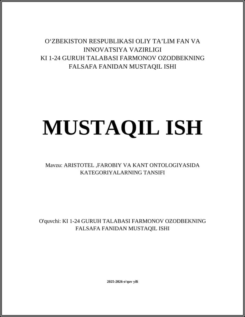 ARISTOTEL,FAROBIY VA KANT ONTOLOGIYASIDA KATEGORIYALARNING TANSIFI