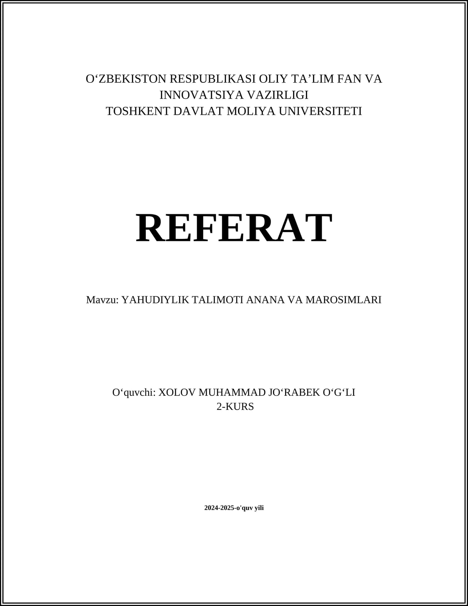 YAHUDIYLIK TALIMOTI ANANA VA MAROSIMLARI