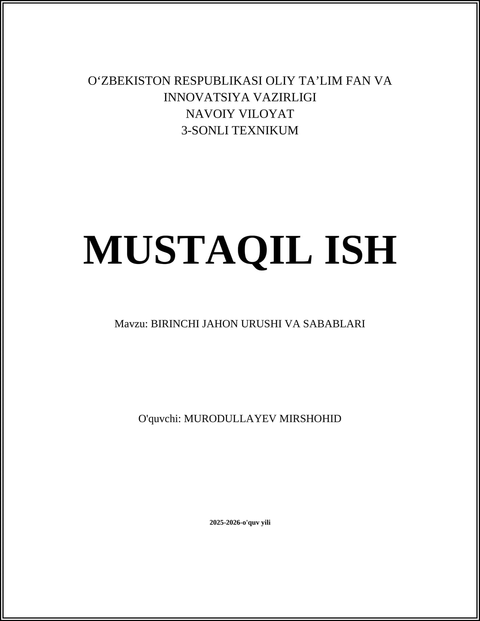 BIRINCHI JAHON URUSHI VA SABABLARI