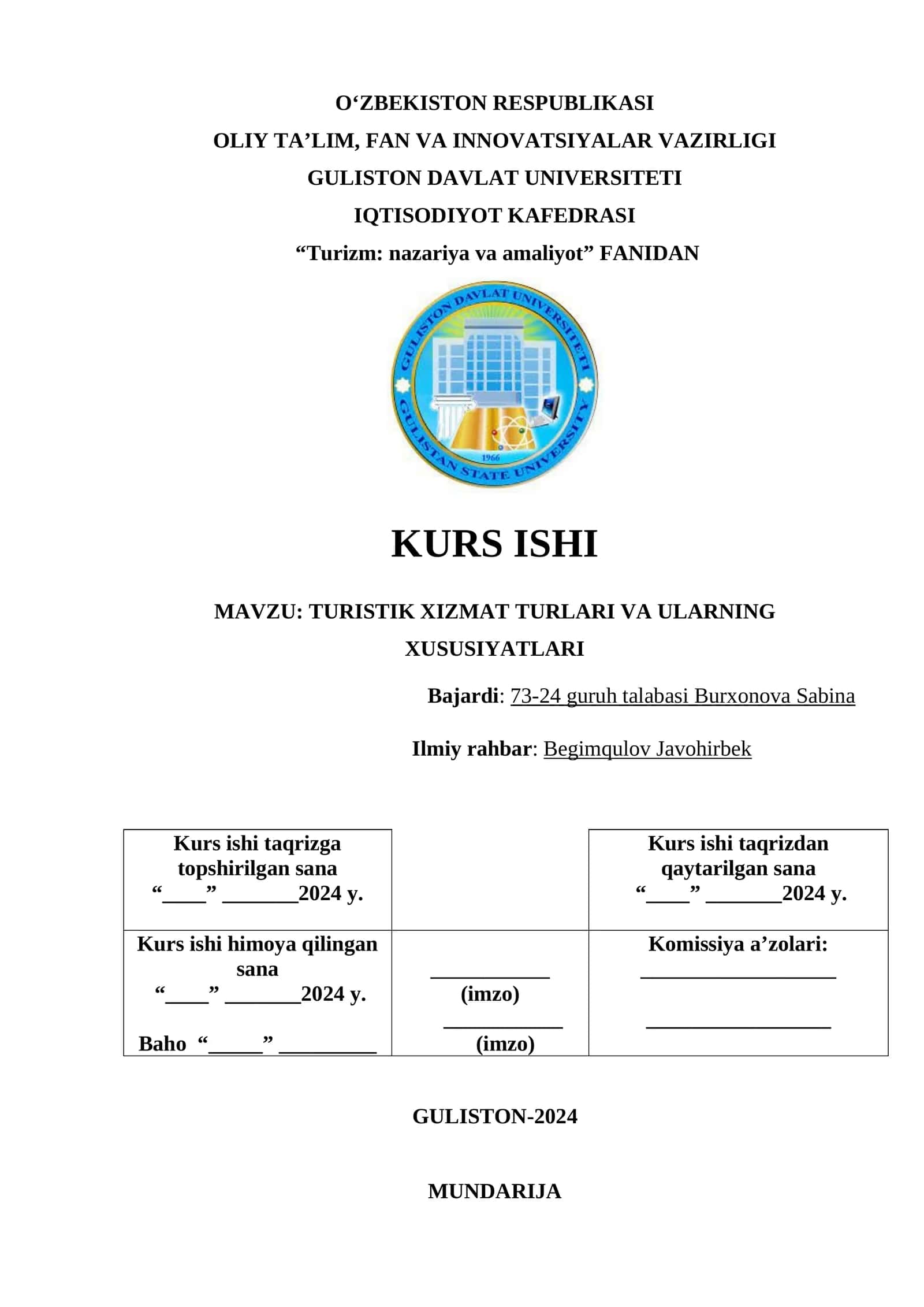 Turistik Xizmatlar Turlari va Ularning Xususiyatlari