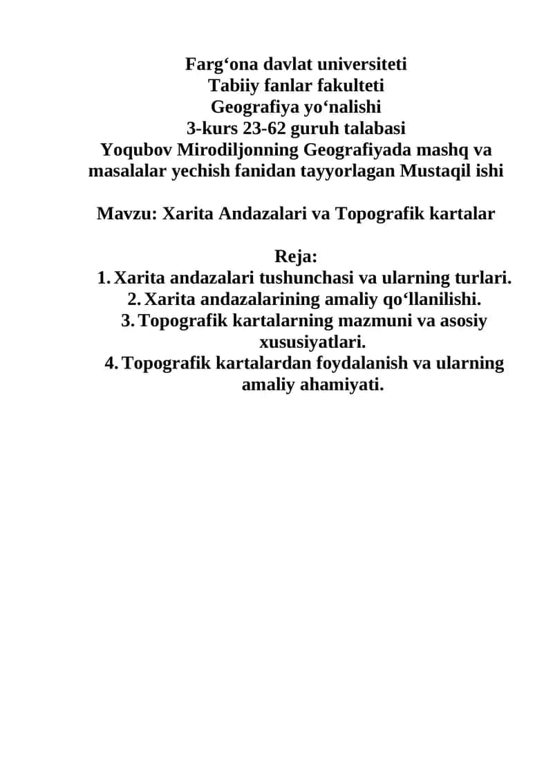 Geografiyada mashq va masalalar yechish fanidan Mustaqil ish