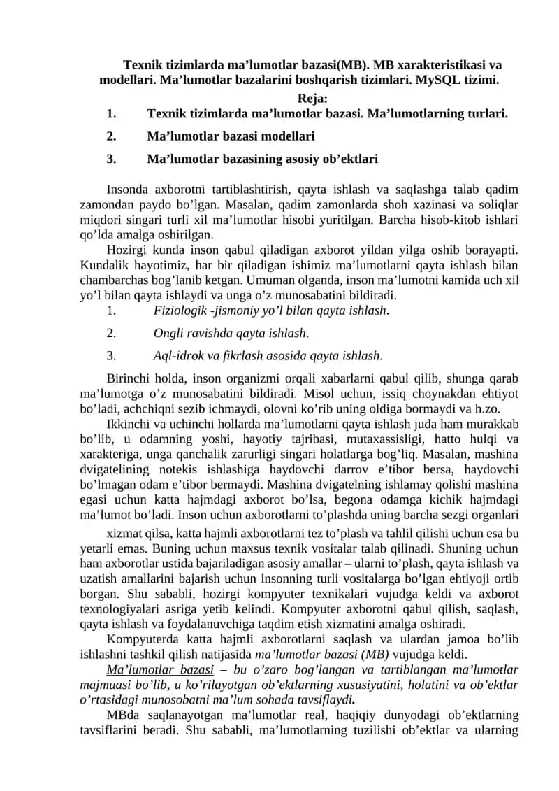 Texnik tizimlarda ma’lumotlar bazasi