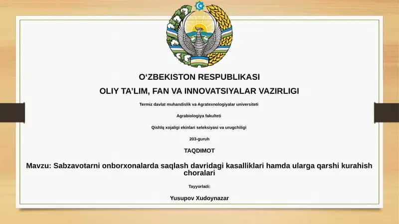 Sabzavotarni onborxonalarda saqlash davridagi kasalliklari hamda ularga qarshi kurahish choralari