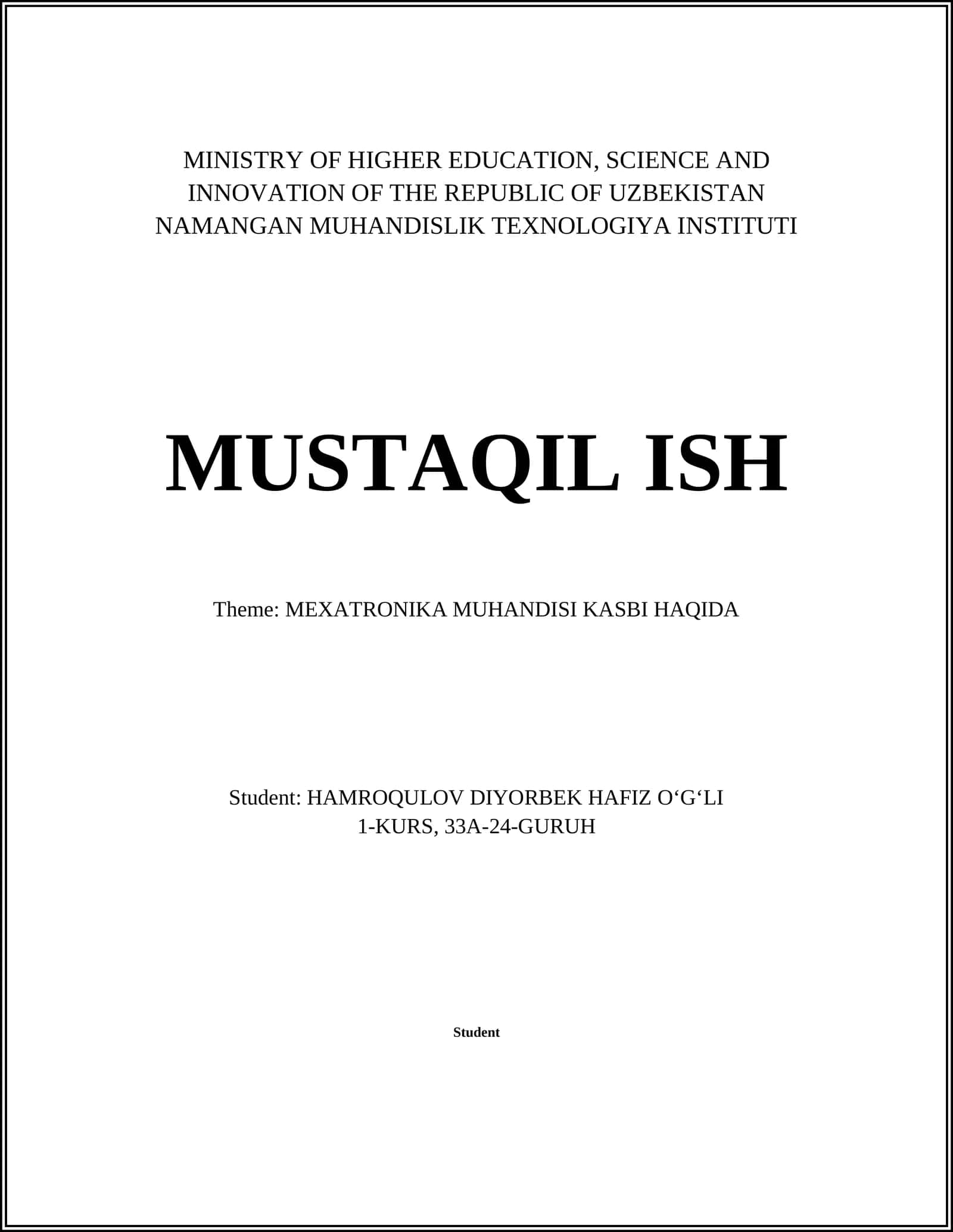 MEXATRONIKA MUHANDISI KASBI HAQIDA