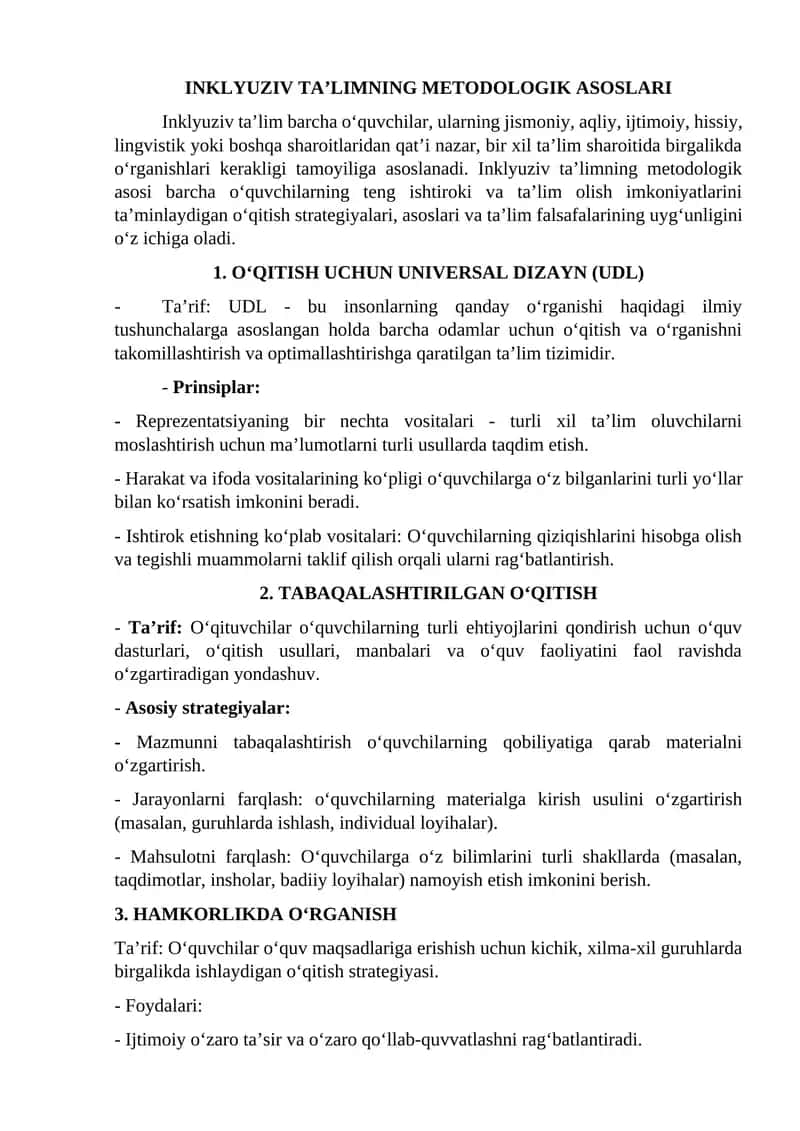 INKLYUZIV TA’LIMNING METODOLOGIK ASOSLARI
