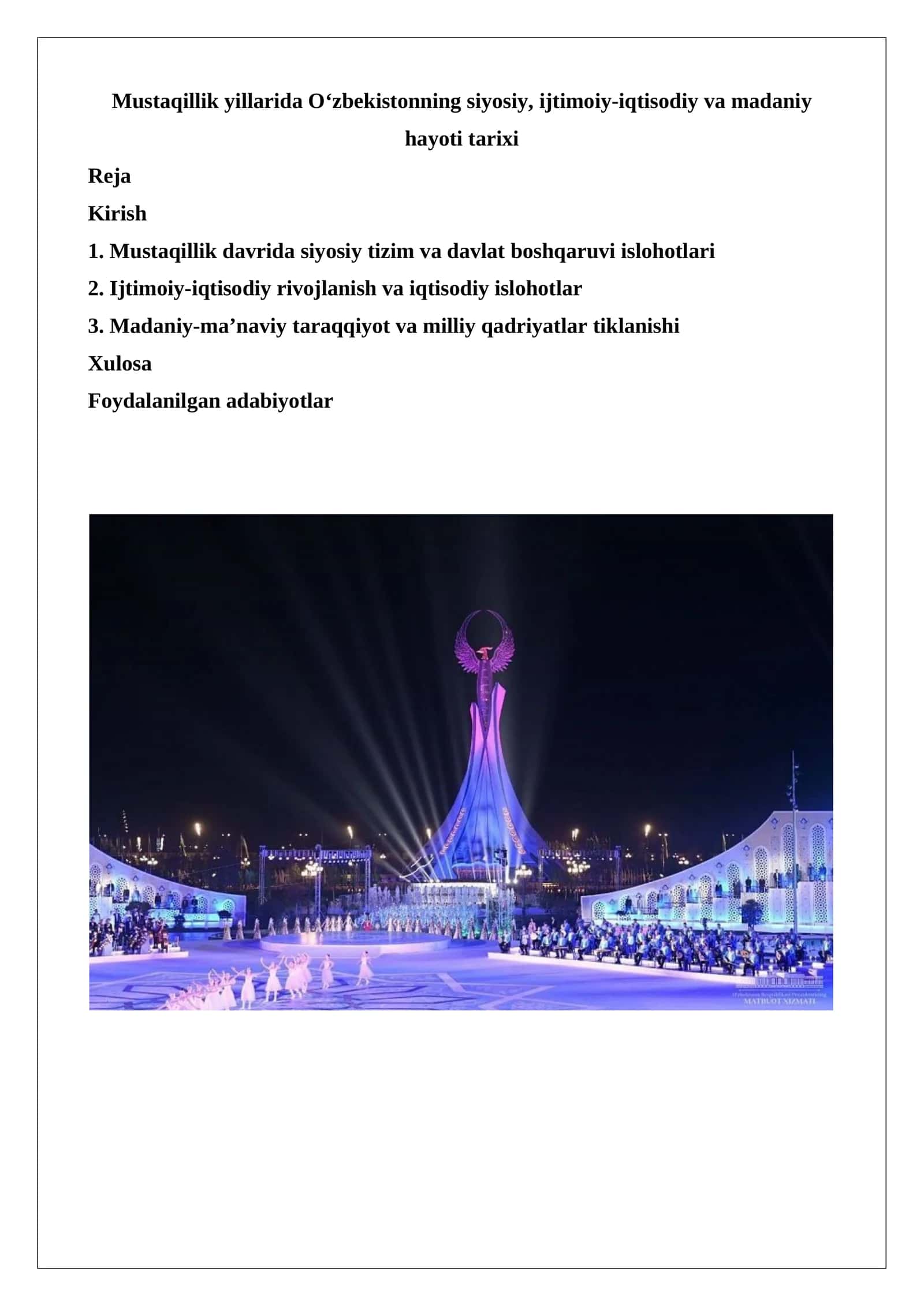 Mustaqillik yillarida O‘zbekistonning siyosiy, ijtimoiy-iqtisodiy va madaniy hayoti tarixi