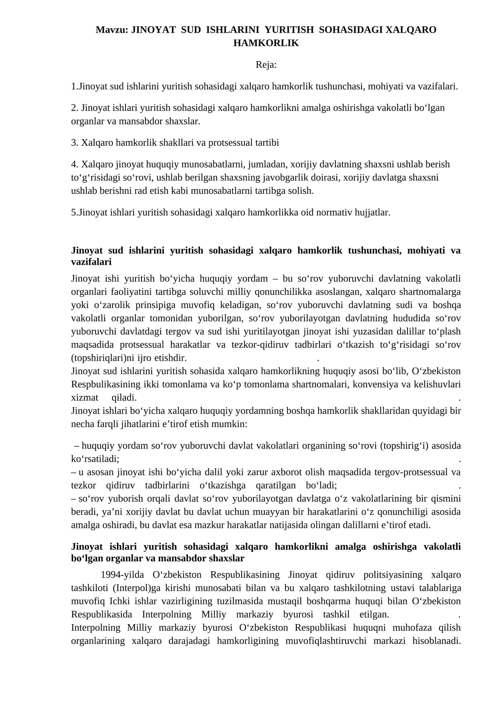 JINOYAT SUD ISHLARINI YURITISH SOHASIDAGI XALQARO HAMKORLIK