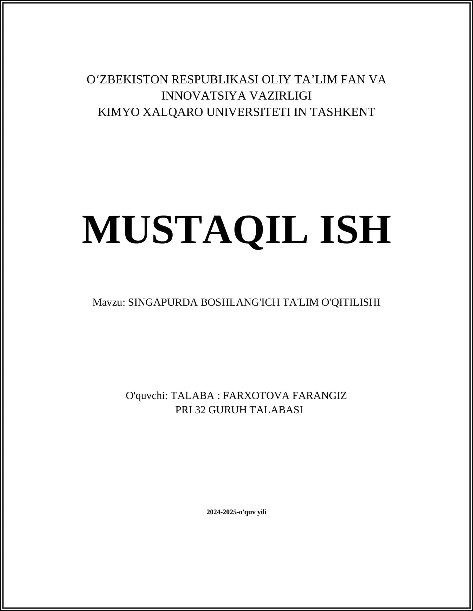 SINGAPURDA BOSHLANG'ICH TA'LIM O'QITILISHI