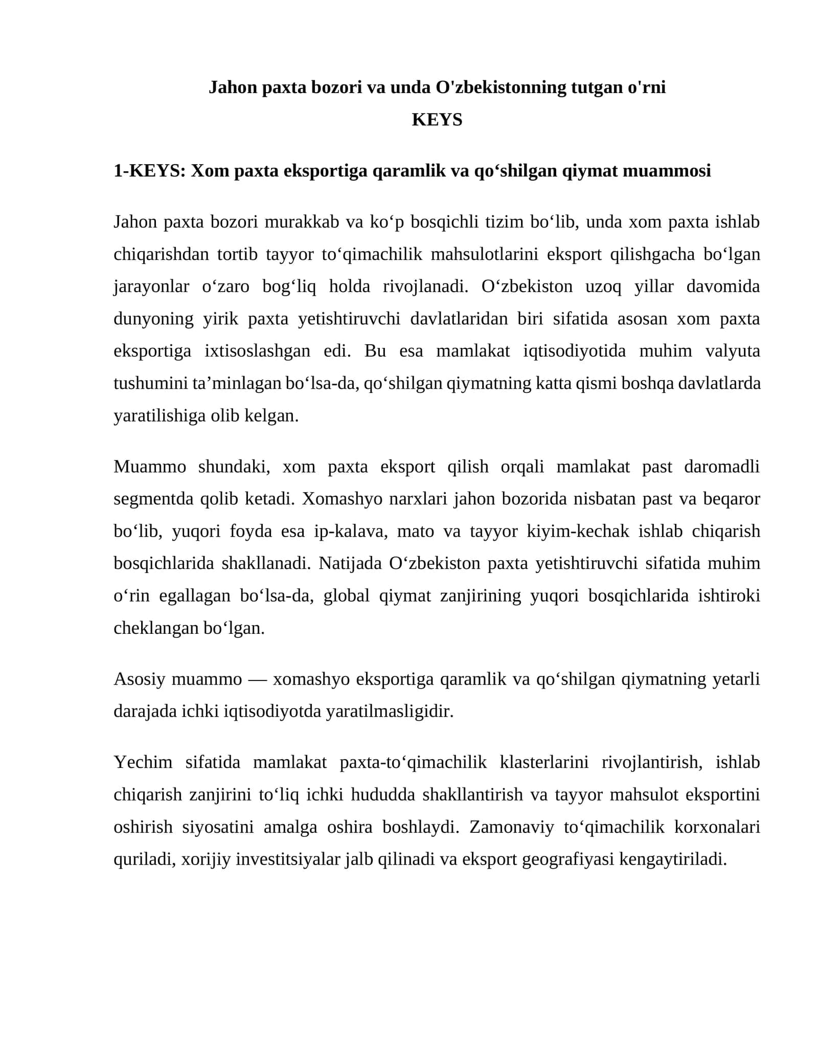 Jahon paxta bozori va unda O'zbekistonning tutgan o'rni