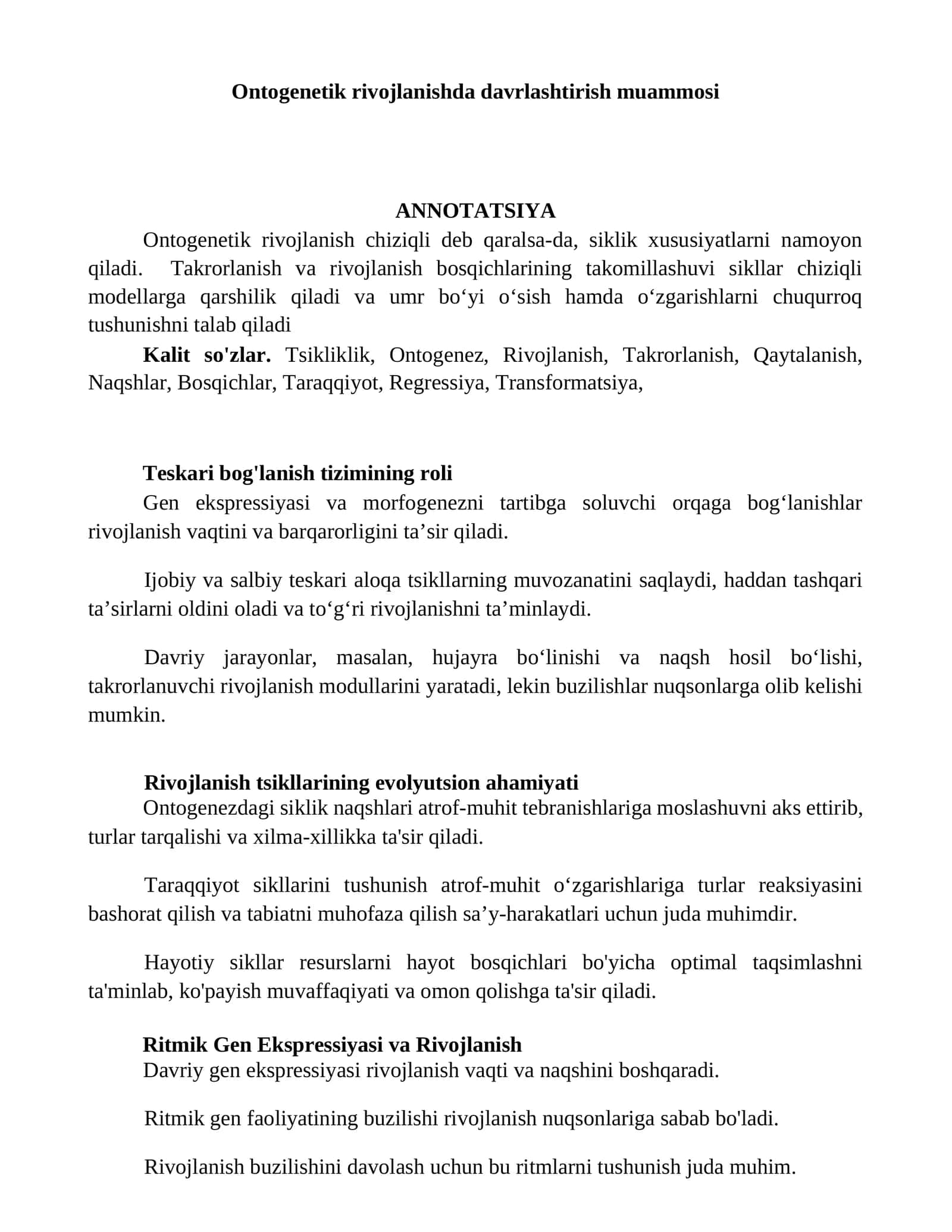 Ontogenetik rivojlanishda davrlashtirish muammosi
