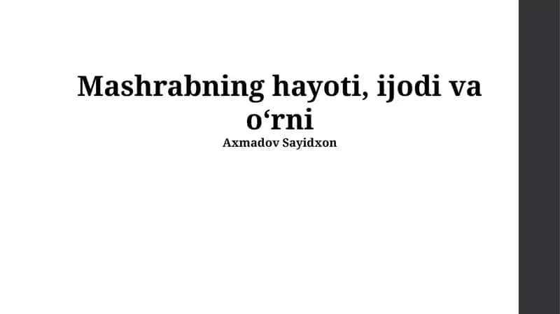 Mashrabning hayoti, ijodi va oʻrni