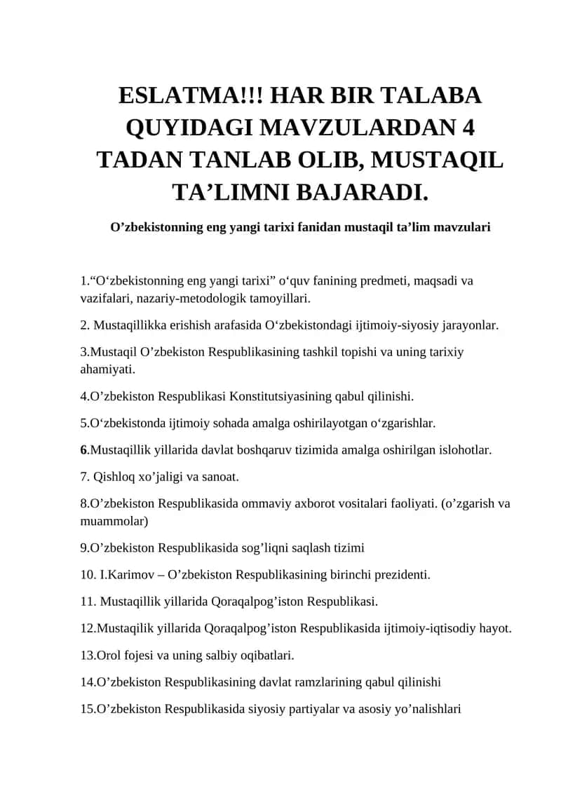 O’zbekistonning eng yangi tarixi fanidan mustaqil ta’lim mavzulari