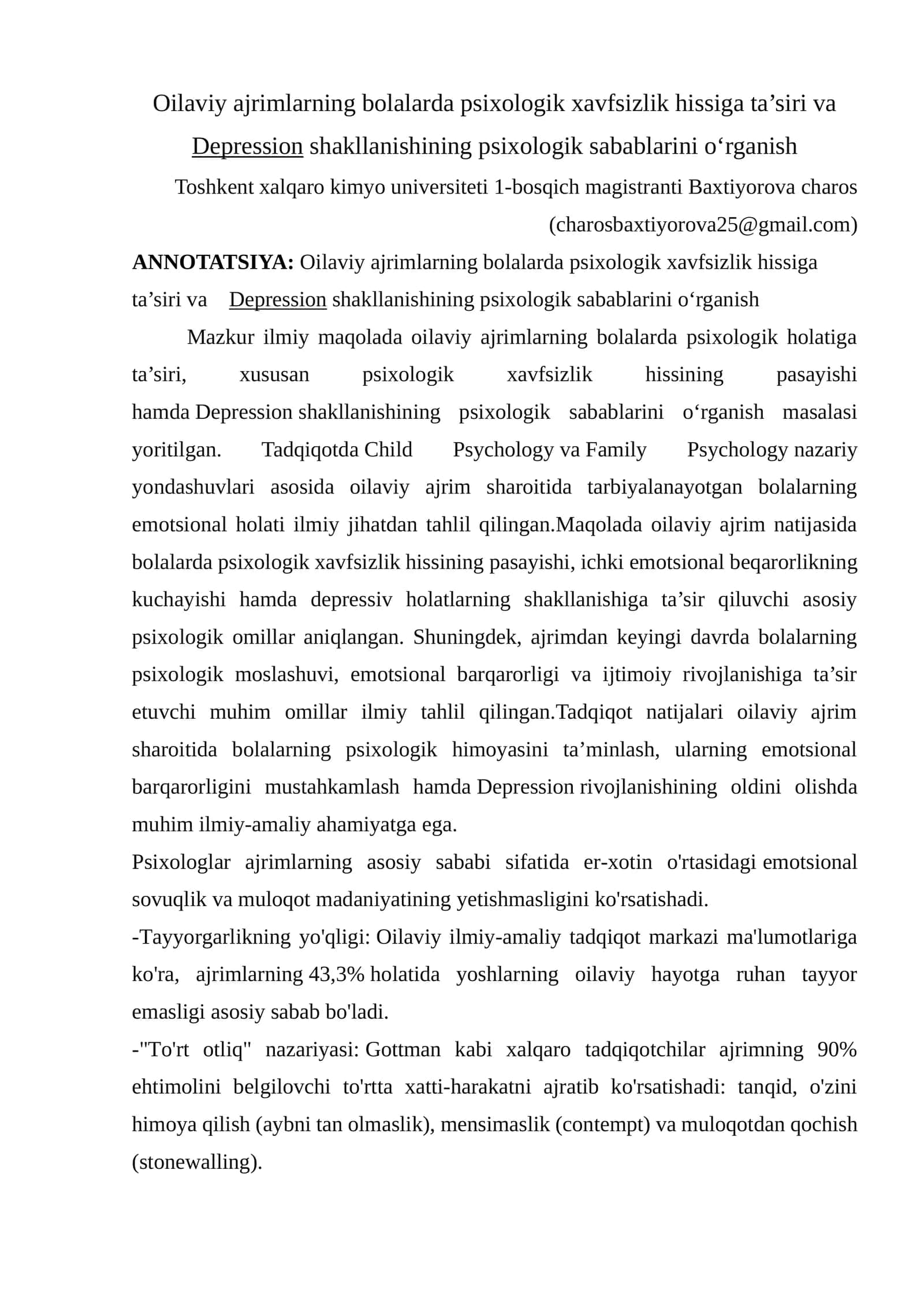 Oilaviy ajrimlarning bolalarda psixologik xavfsizlik hissiga ta’siri va Depressionshakllanishining psixologik sabablarini o‘rganish