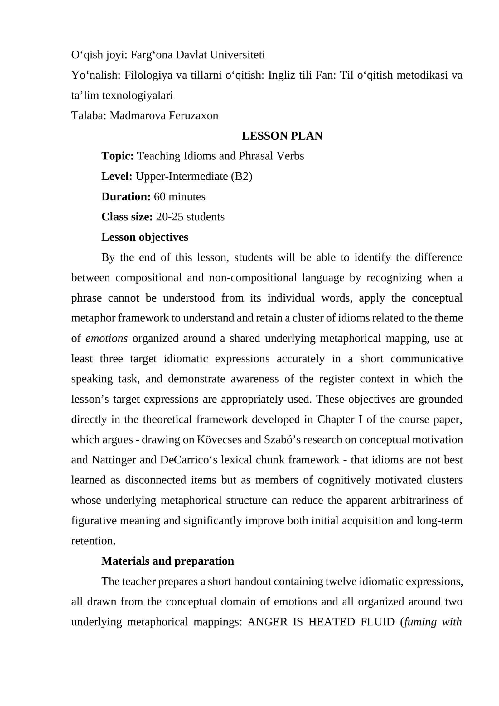 LESSON PLAN: The teaching idioms and phrasal verbs