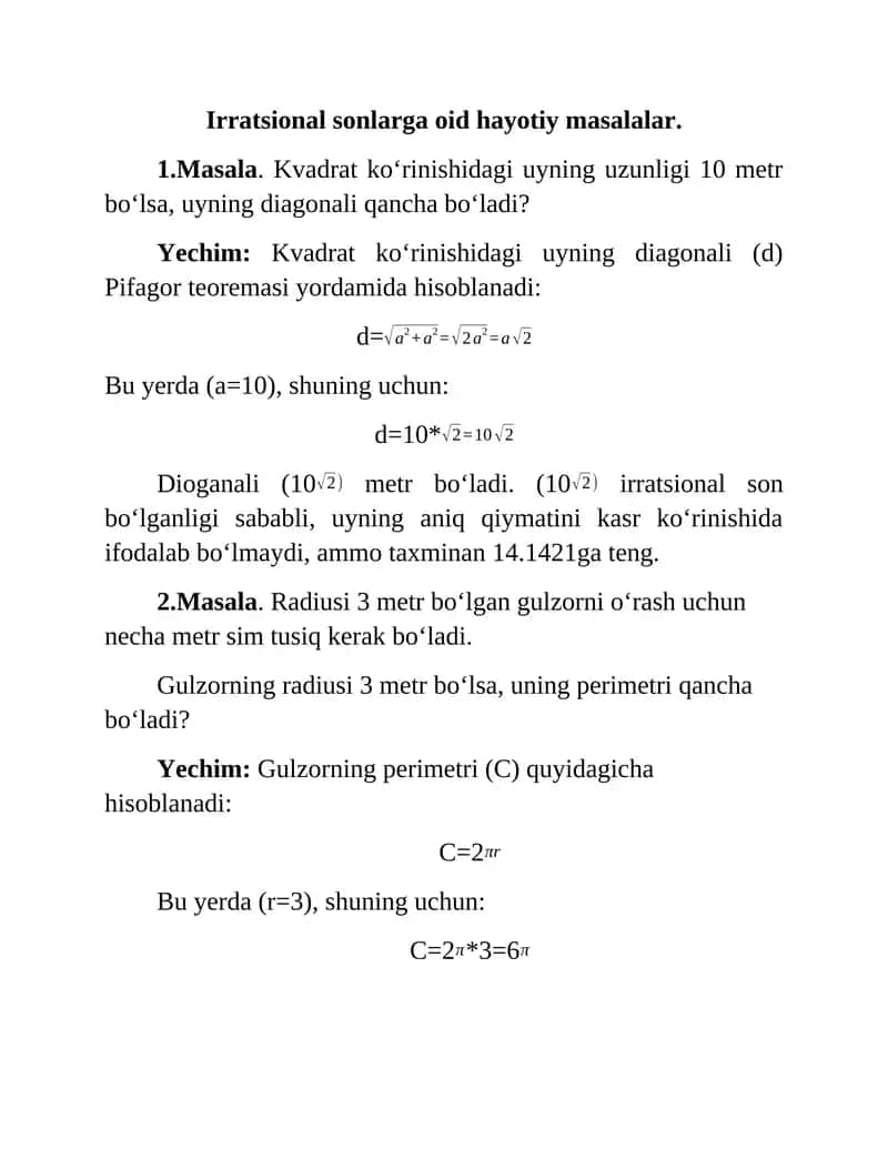 Irratsional sonlarga oid hayotiy masalalar