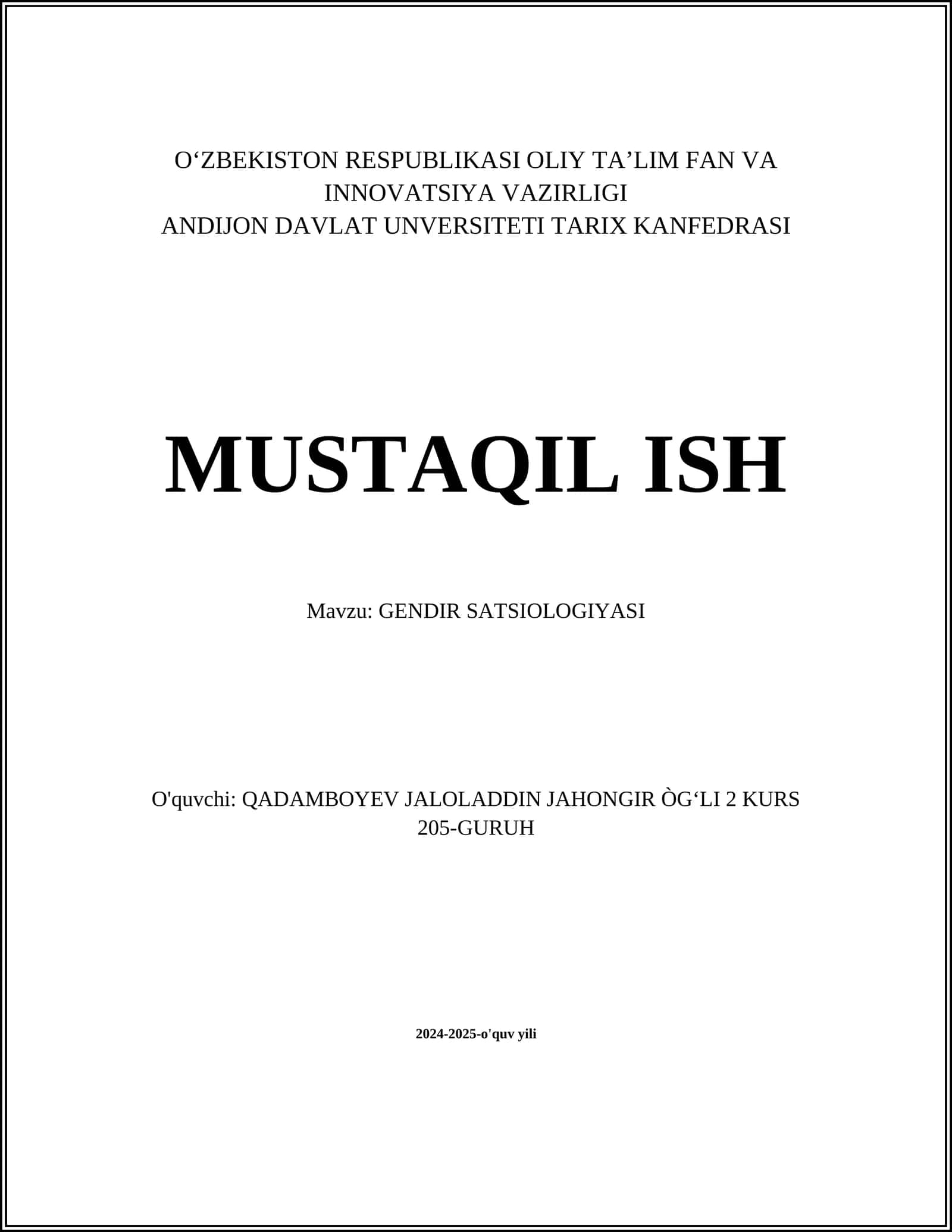 MUSTAQIL ISH Mavzu: GENDIR SATSIOLOGIYASI
