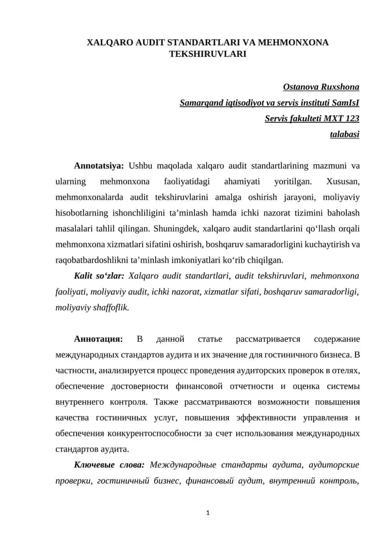 Xalqaro Audit Standartlari va Mehmonxona Tekshiruvlari