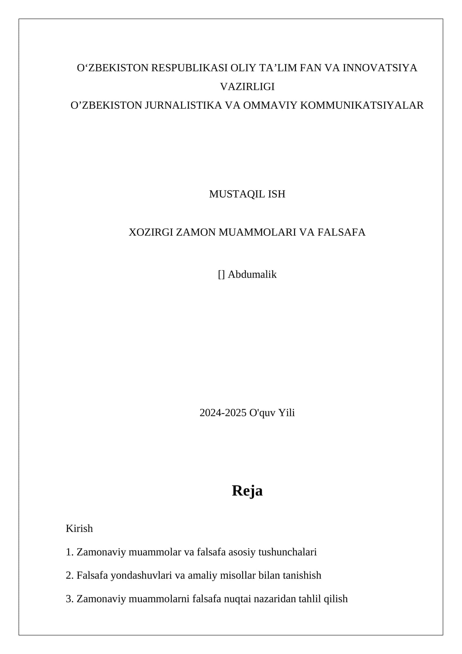 Zamonaviy muammolar va falsafa asosiy tushunchalari