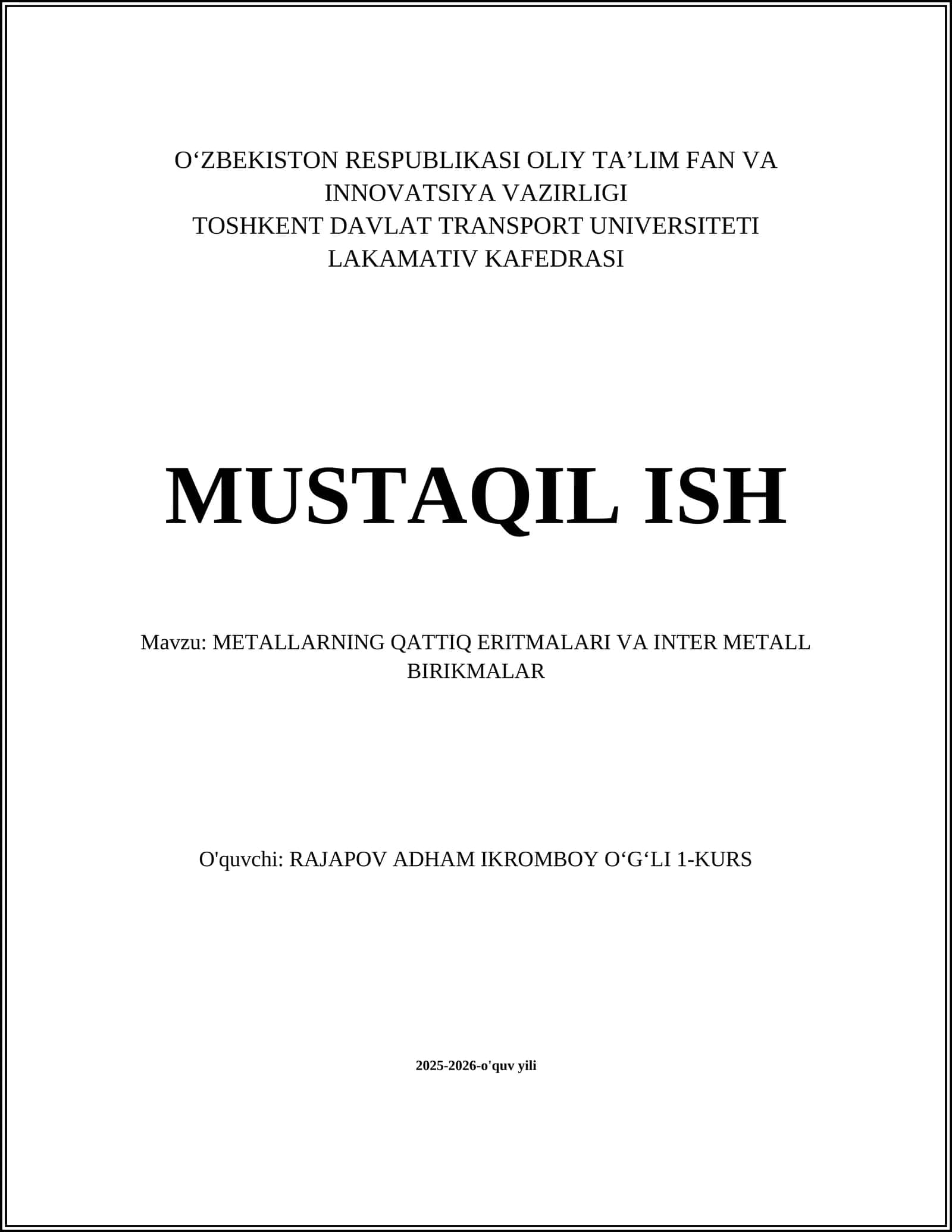 METALLARNING QATTIQ ERITMALARI VA INTER METALL BIRIKMALAR