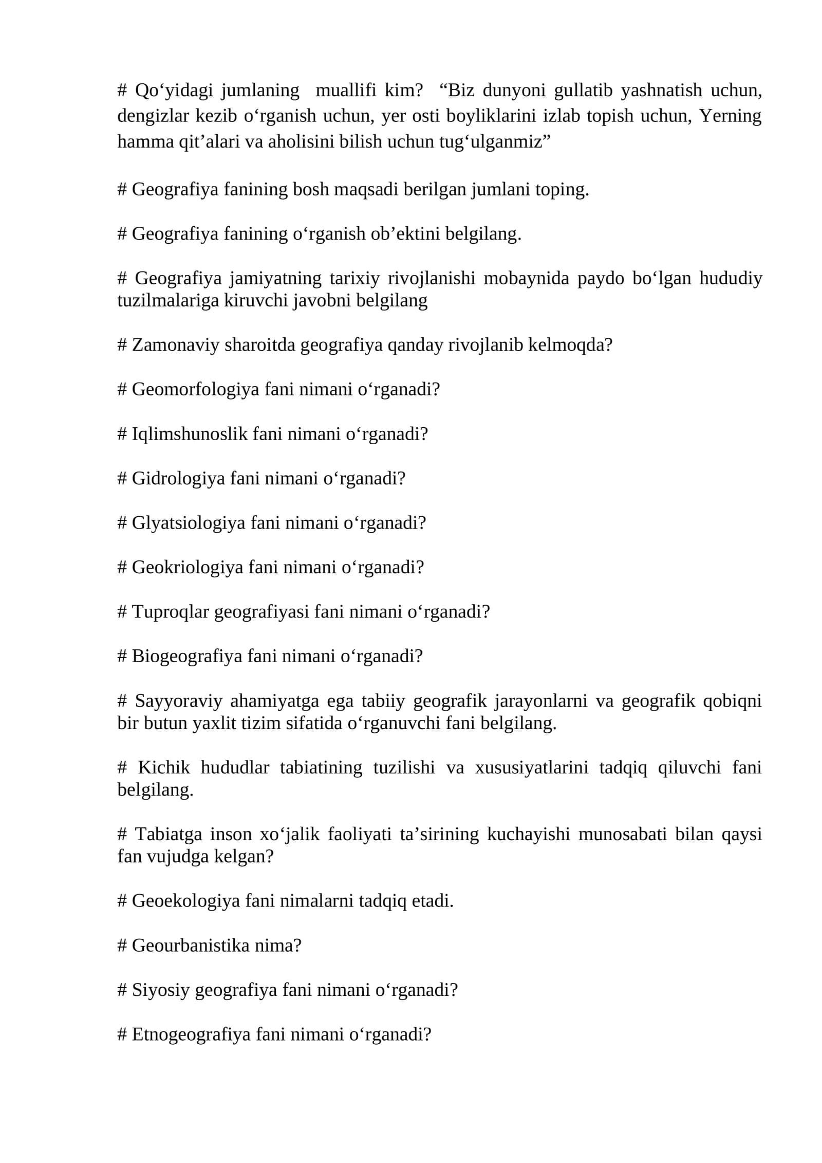 Geografiya fanining tartibi va muqobillarini o‘rganish