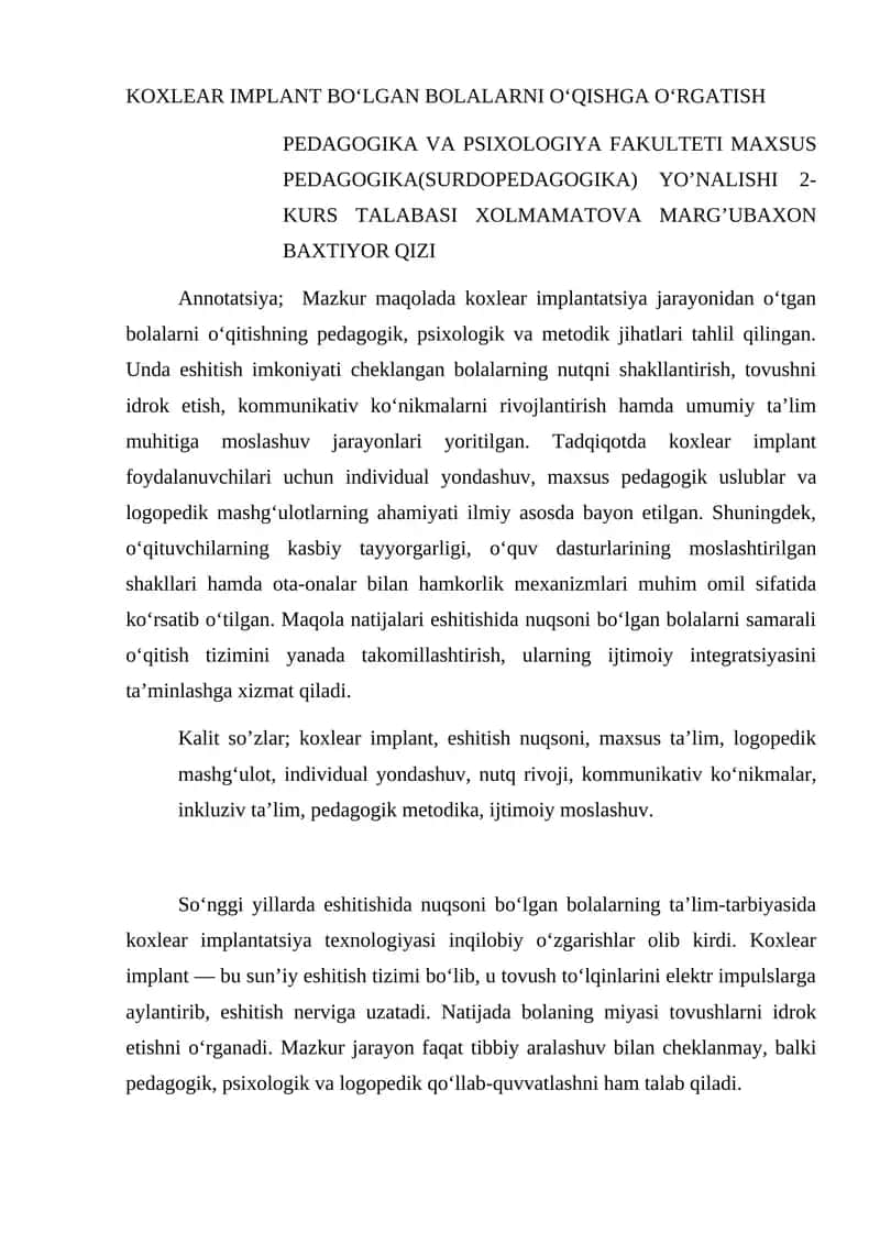 KOXLEAR IMPLANT BO‘LGAN BOLALARNI O‘QISHGA O‘RGATISH