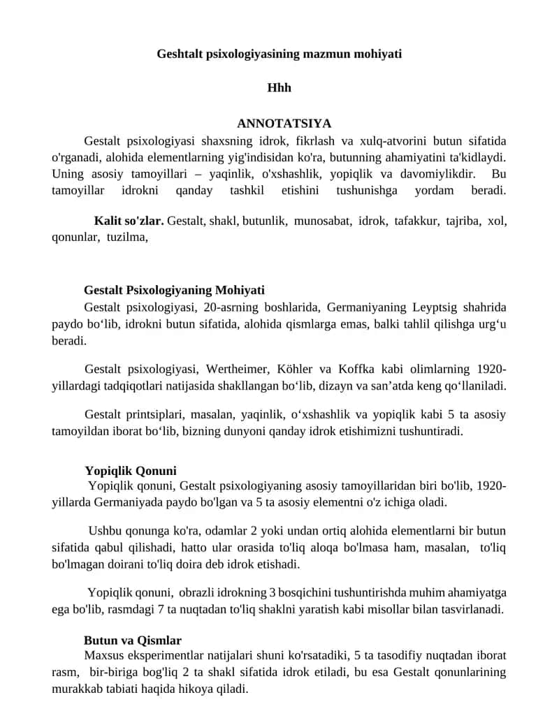 Gestalt psixologiyasining mazmun mohiyati