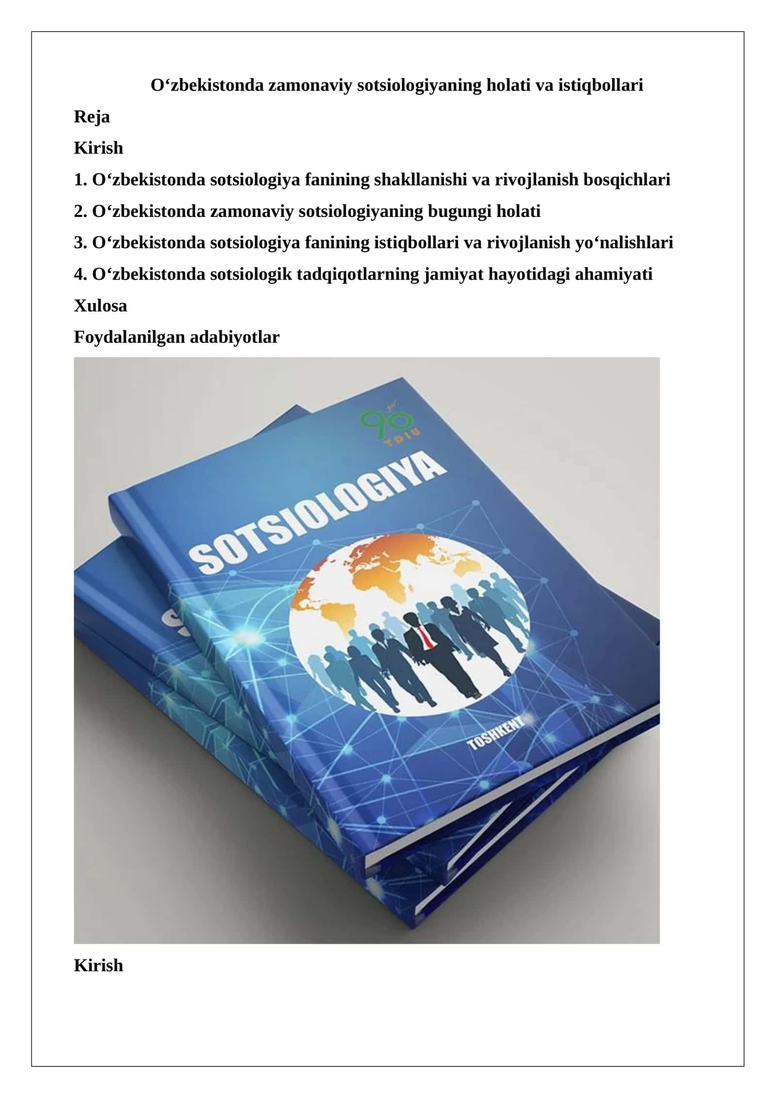 Oʻzbekistonda zamonaviy sotsiologiyaning holati va istiqbollari