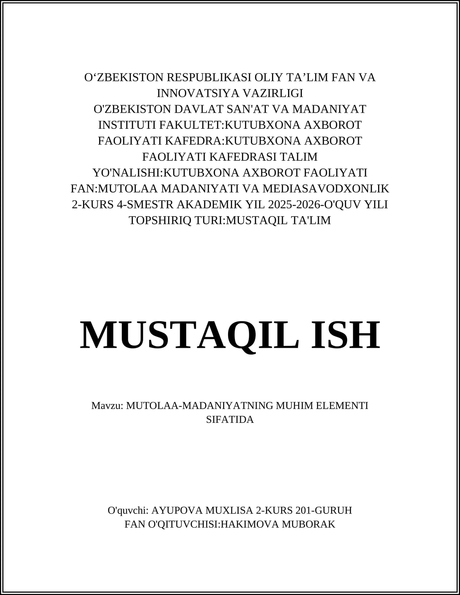 MUTOLAA-MADANIYATNING MUHIM ELEMENTI SIFATIDA