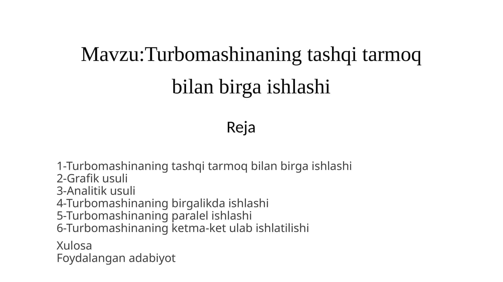 Turbomashinaning tashqi tarmoq bilan birga ishlashi