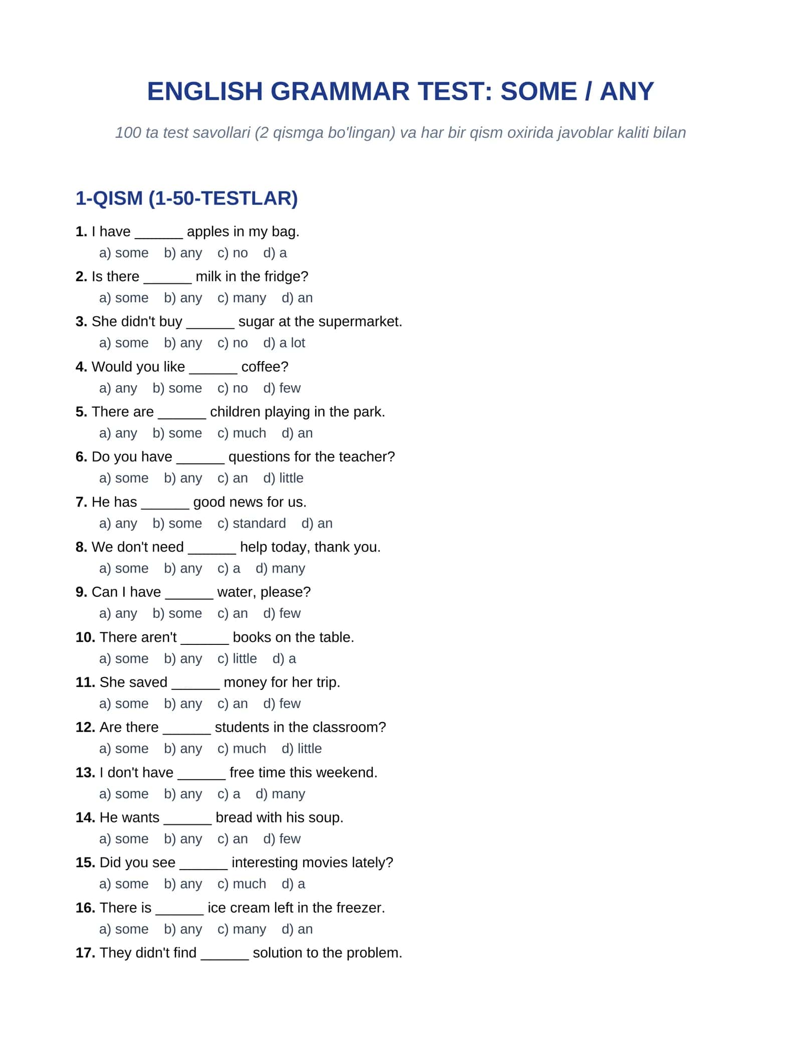 ENGLISH GRAMMAR TEST: SOME / ANY 100 talik test javoblari bilan