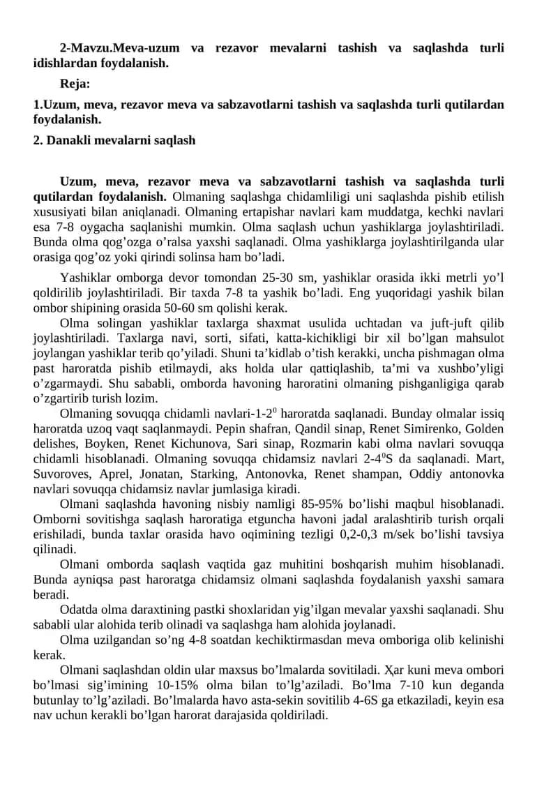 Meva-uzum va rezavor mevalarni tashish va saqlash