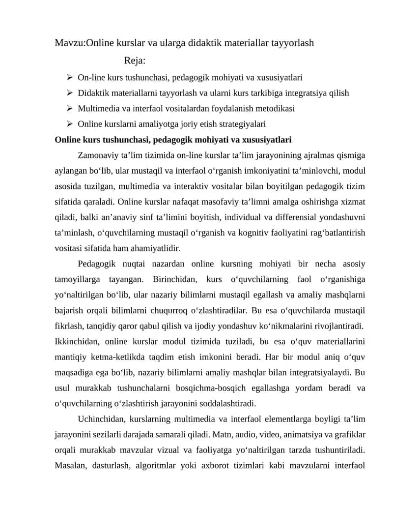 Online kurslar va ularga didaktik materiallar tayyorlash
