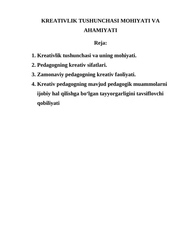 KREATIVLIK TUSHUNCHASI MOHIYATI VA AHAMIYATI