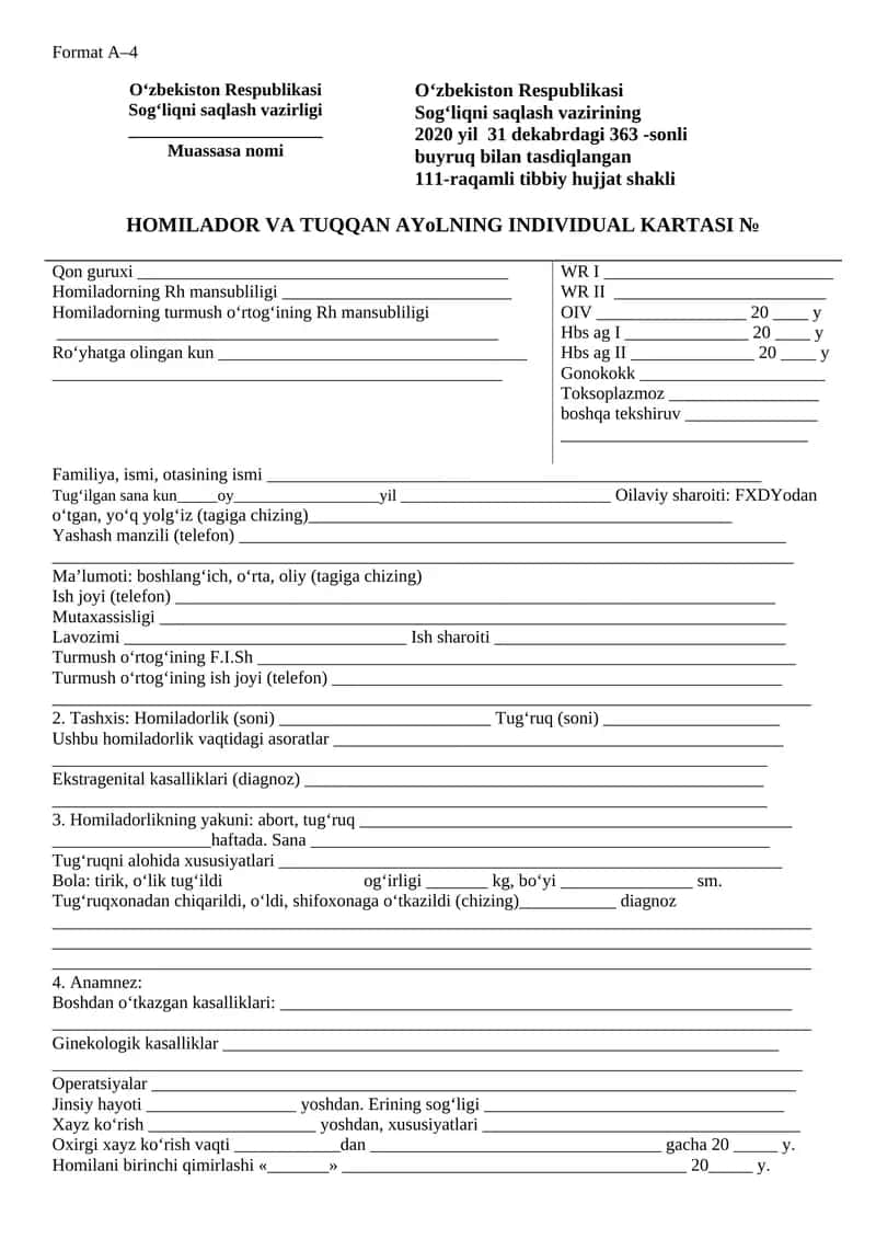 Homilador va tuqqan ayollar individual kartasi