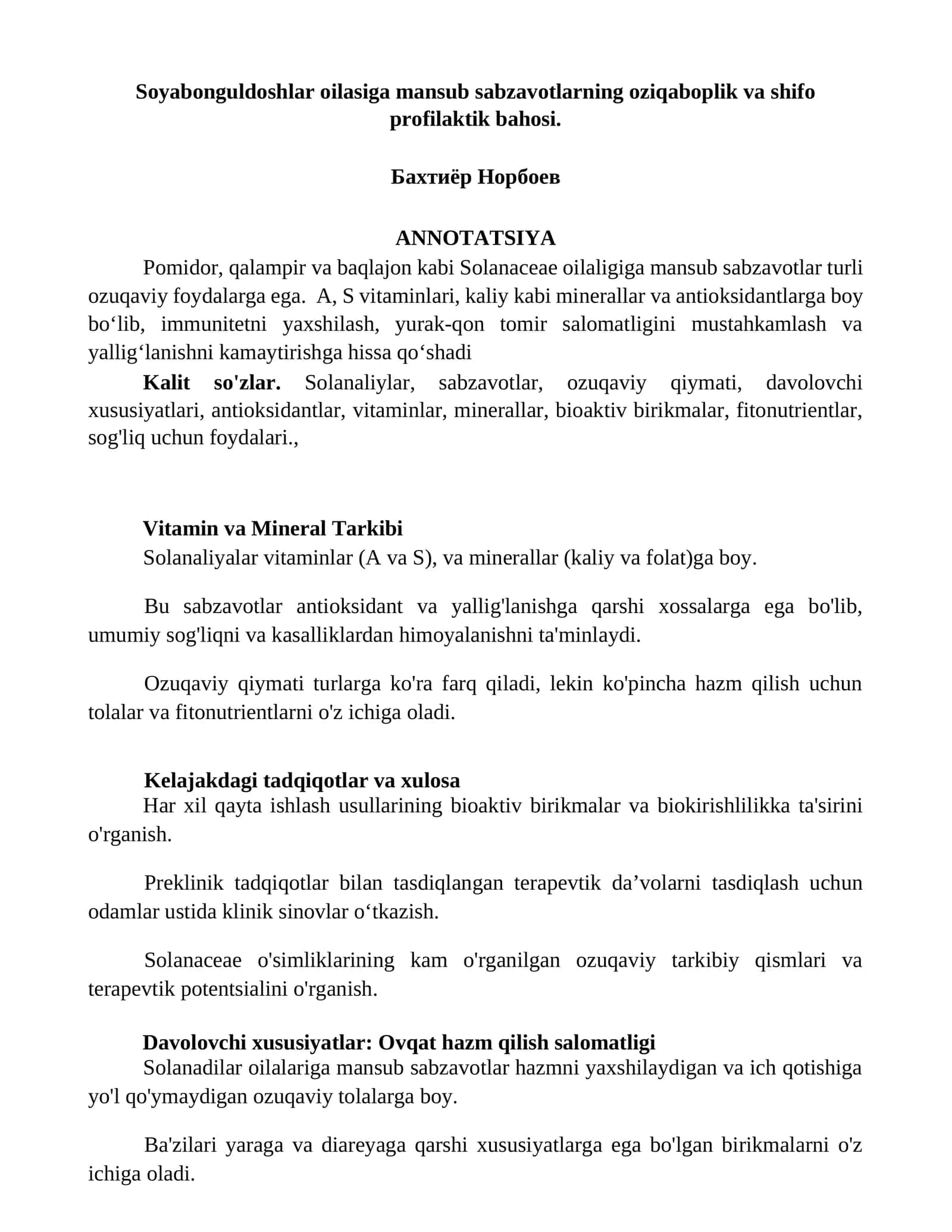 Soyabonguldoshlar oilasiga mansub sabzavotlarning oziqaboplik va shifo profilaktik bahosi