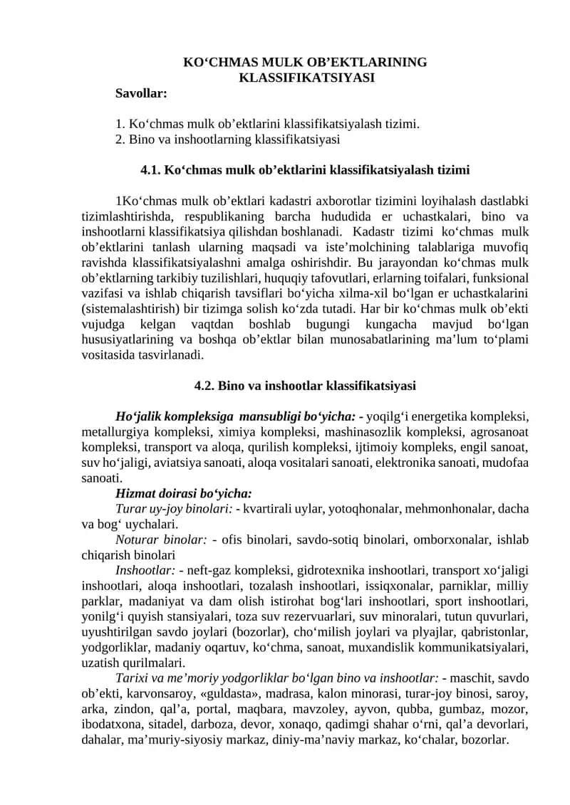 KO‘CHMAS MULK OB’EKTLARINING KLASSIFIKATSIYASI