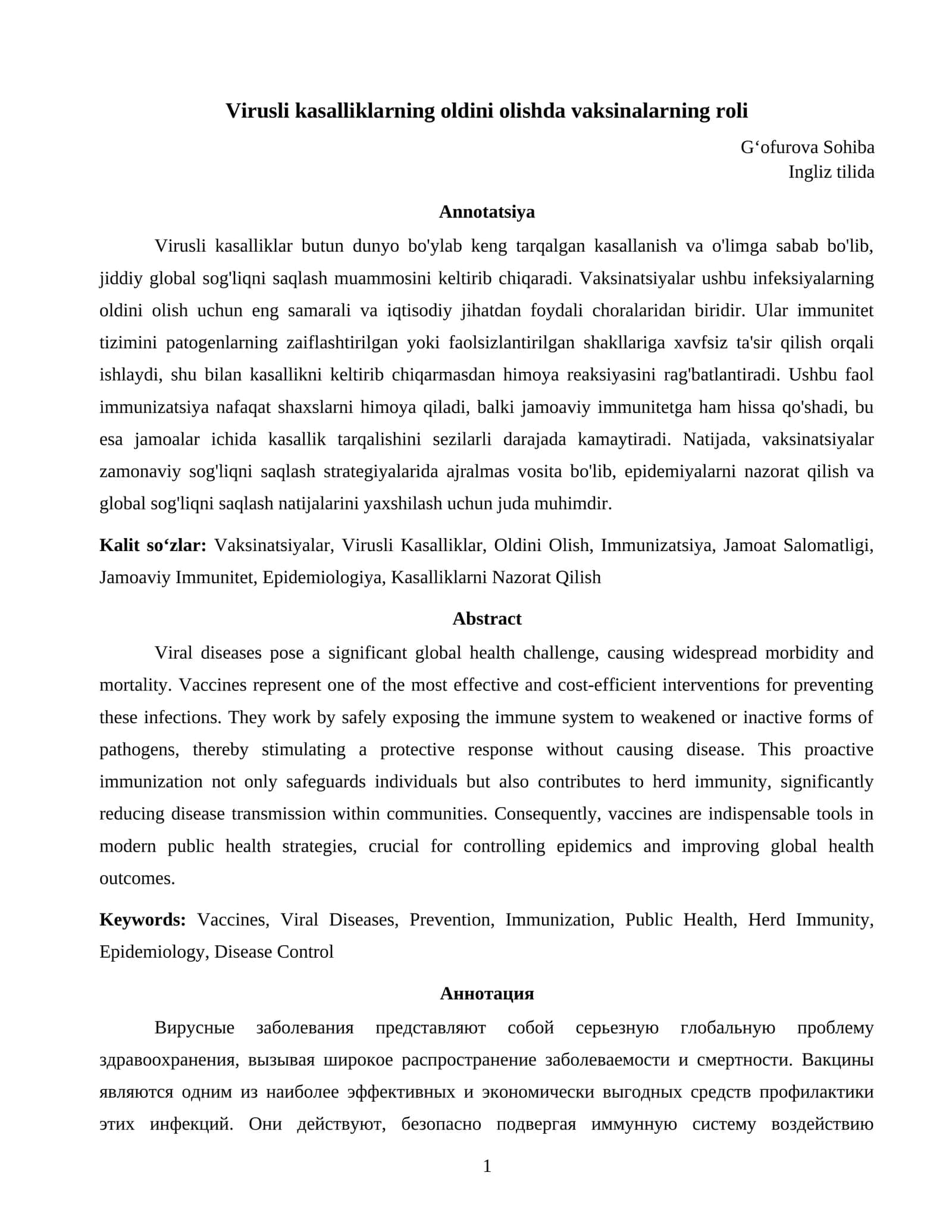 Virusli kasalliklarning oldini olishda vaksinalarning roli